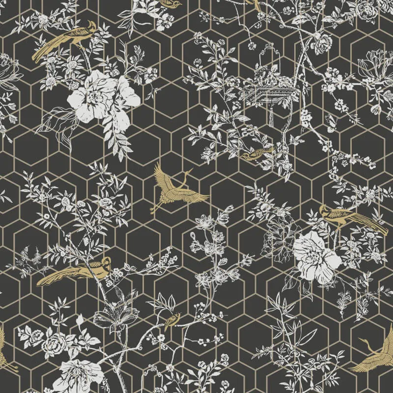 Lipsy London Himara Geo Floral Charcoal/Gold Metallic Wallpaper 144071 - Image 2