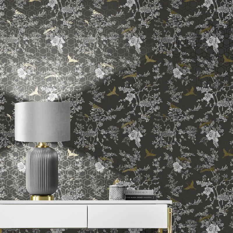 Lipsy London Himara Geo Floral Charcoal/Gold Metallic Wallpaper 144071 - Image 3