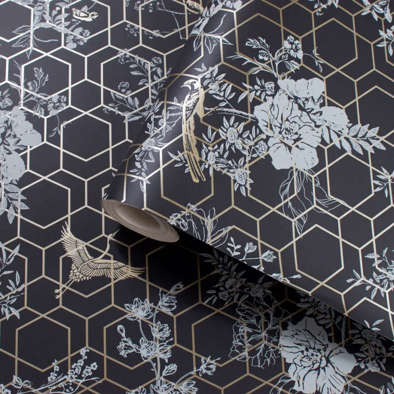 Lipsy London Himara Geo Floral Charcoal/Gold Metallic Wallpaper 144071