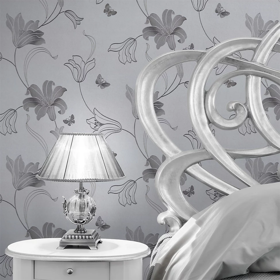 Muriva Amelia Metallic Floral Silver/Gunmetal Wallpaper 701414 - Image 3