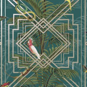 Holden Decor Akello Turquoise Tropical Geometric Metallic Wallpaper 91460