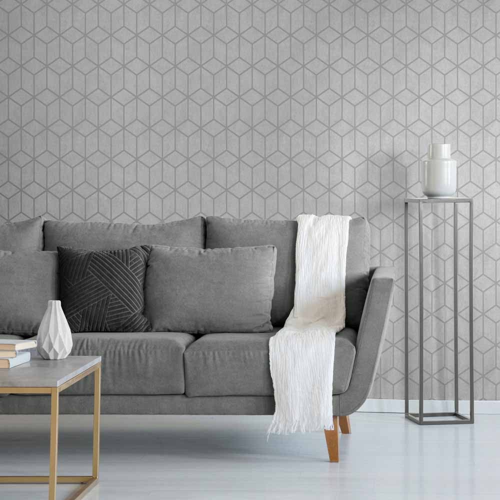 Muriva Axton Cube Grey/Silver Glitter 3D Effect Metallic Wallpaper 177510 - Image 3