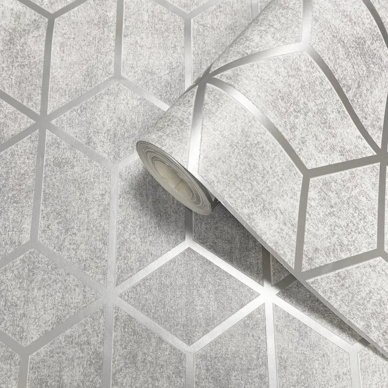 Muriva Axton Cube Grey/Silver Glitter 3D Effect Metallic Wallpaper 177510